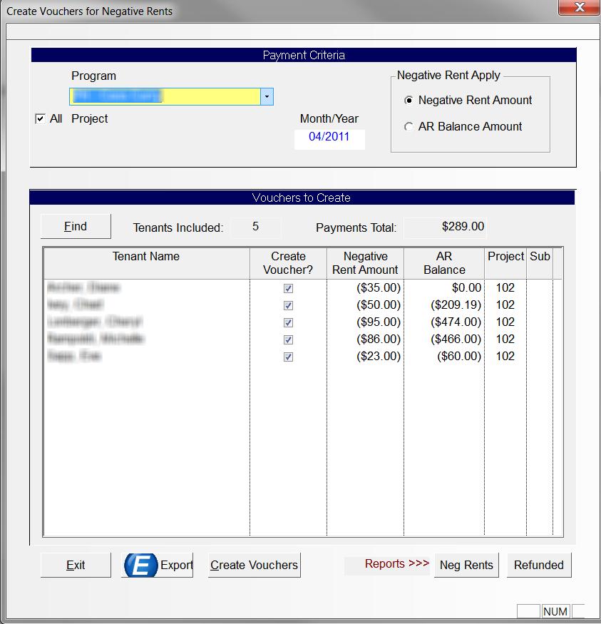 INTERFACES Negative Rents To create vouchers for negative rents select the program and project(s) and click the Find button. This will bring up all tenants who have a negative rent.