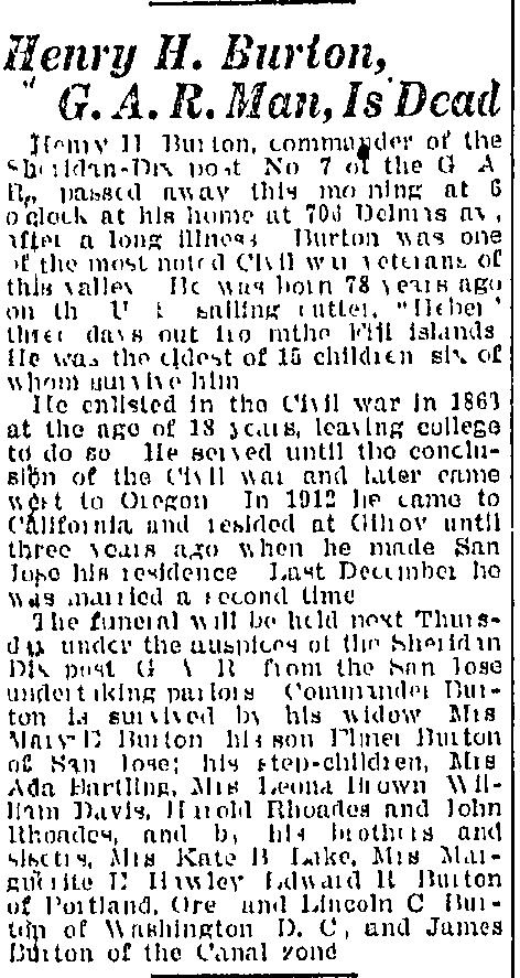 [Evening News, San Jose, CA, Tuesday, Aug 15, 1922 p.2] 3. Sarah Kate Burton b. 1846 OR 1928 OR buried Yamhill-Carlton Cemetery, Yamhill, Yamhill Co, OR m. Mr. Lake 1850: Yamhill Co, OR; John J.