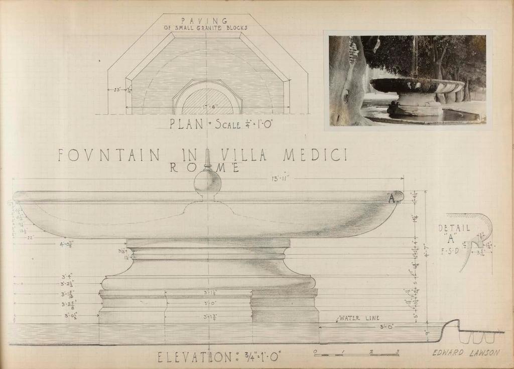 Lawson in Rome Villa Medici, Rome, Pencil drawing of the Fontana della Palla di Cannone, by Edward Lawson from his sketchbook. When Lawson sailed for Europe, his Course of Study was not yet settled.