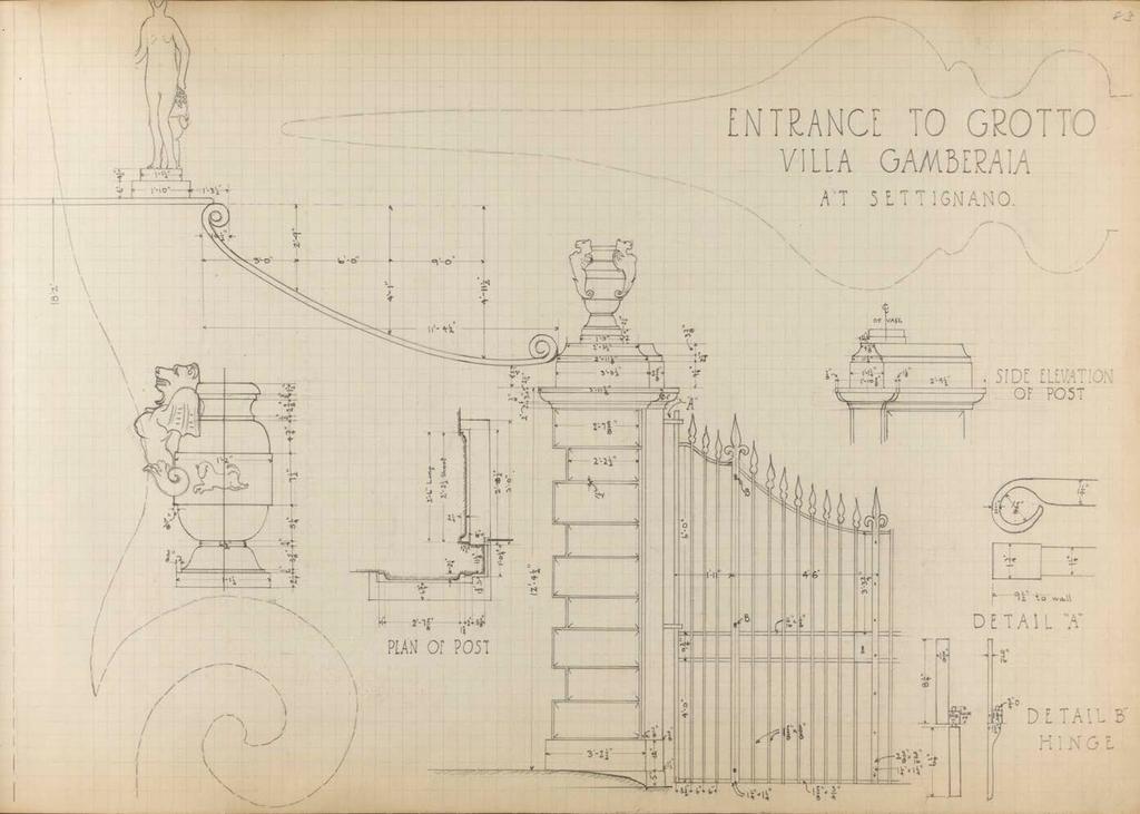 Lawson at Cornell Villa Gamberaia, Settingnano, Pencil drawing of Entrance to Grotto drawn by Edward Lawson (undated).
