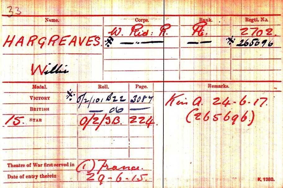 Private Hargreaves entered the Theatre of War on the 29th June 1915 when the 1/6th battalion West Riding Regiment landed at Boulogne in France MEDAL INDEX CARD for Willie Hargreaves (source: The