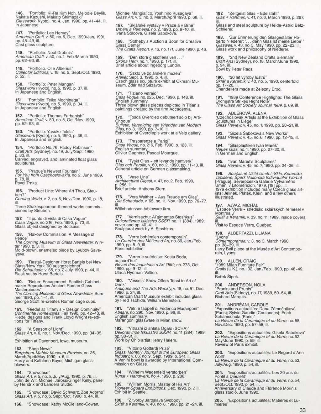 146. "Portfolio: Ki-Ra Kim Noh, Melodie Beylik, Nakata Kazushi, Makato Shimazaki" Glasswork (Kyoto), no. 4, Jan. 1990, pp. 41-44, In Japanese. 147. "Portfolio: Lee Hervey" American Craft, v. 50, no.