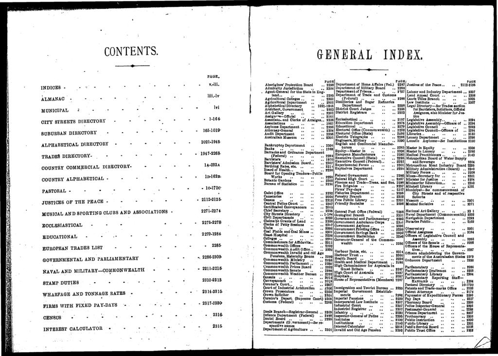 CONTENTS. GENERAL INDEX. TRADES DIRECTORY- COUNTRY COMMERCIAL DIRECTORY- COUNTRY ALPHABETICAL - PASTORAL - JUSTICES OF THE PEACE - a. PAGE. A-A B-B- le-. - -.