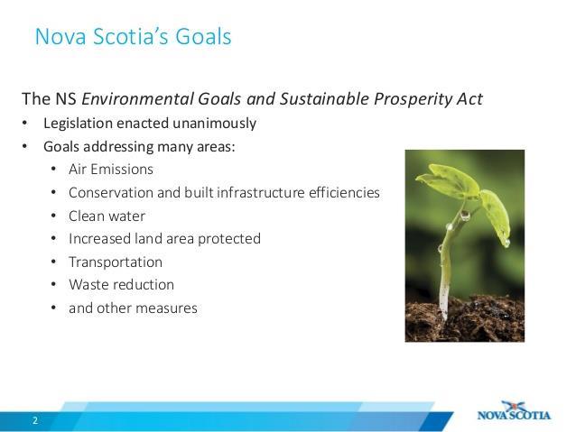 Nova Scotia s Environmental Goals and Sustainable Prosperity Act Enacted unanimously 2007 25% renewables by 2015 40% renewables by 2020 State of the Art Green Building (NSCC