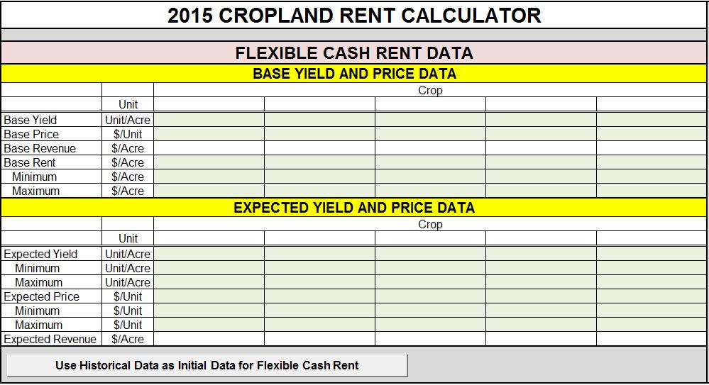 STEP 5: Enter Flex Rent Information The user enters the flexible cash rent base data and the expected data in the green cells for the appropriate crop.