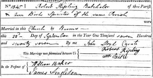 widow Ann marry a witness from daughter Anne s wedding? 1 A Robert Kipling was a tea-dealer at Tower Hill in the 1770s.