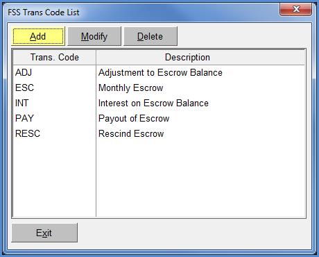These setup options can be found under the Setup menu option. Transaction Codes All account transactions are associated with a transaction code.