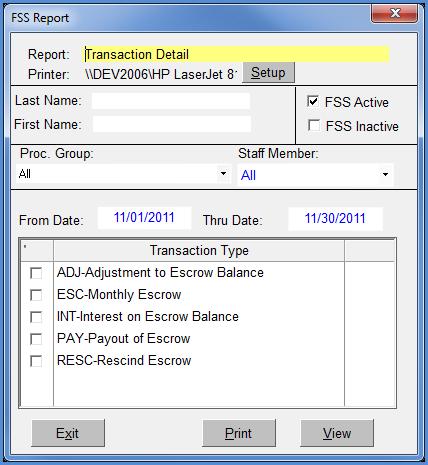 FSS Detail Report This option produces a Tenant Transaction Detail report. Last Name (Data Field) Type some or all of a last name of a tenant to generate the report for. Leave blank for all tenants.