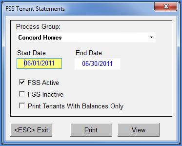 This option produces monthly FSS statements to send to your FSS participants. Process Group (Drop Down List) Select the processing group to run the statements for.