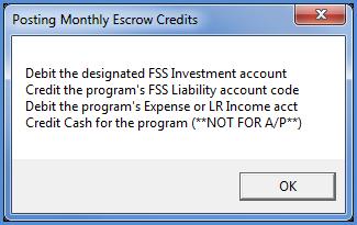 Click the DR and CR buttons to look up GL accounts (or type them in the field yourself) so the system knows what FSS investment and other related accounts to appropriately debit and credit.