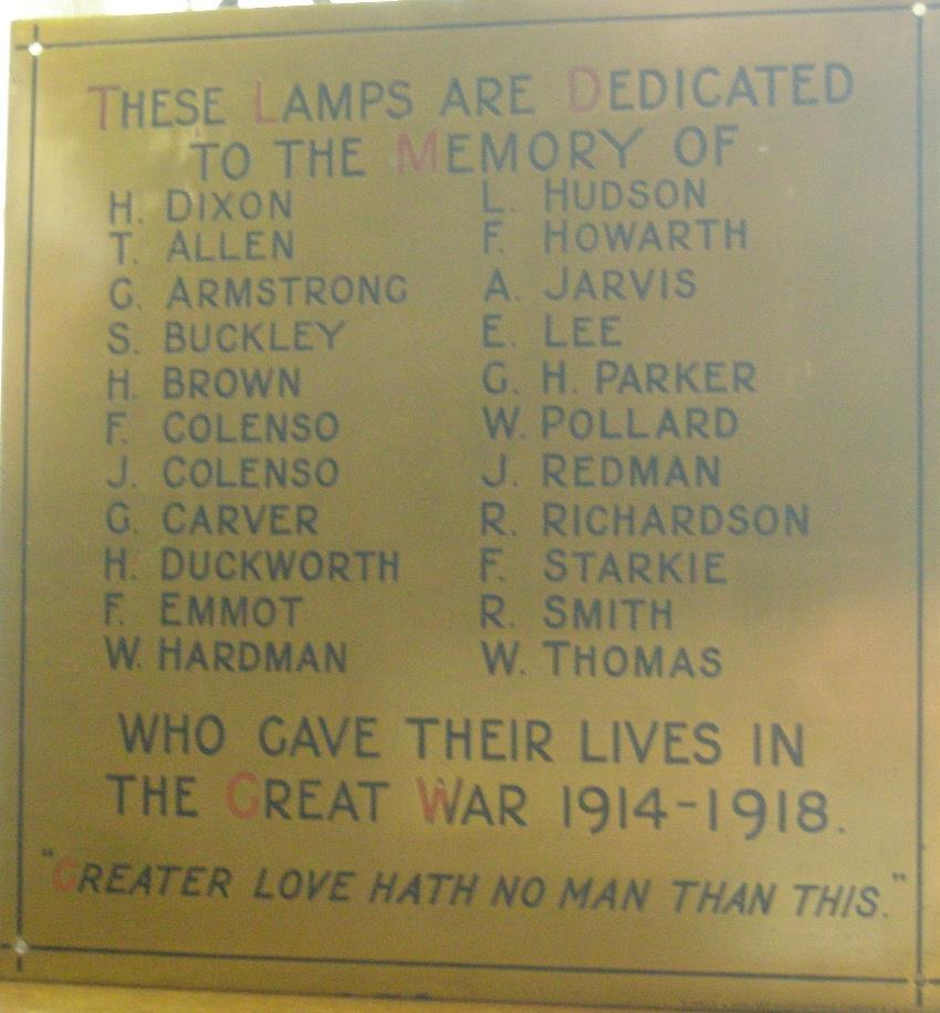Panel 149. W. Thomas is remembered on the Mount Zion Baptist Chapel s Roll of Honour, now located in Towneley Hall.