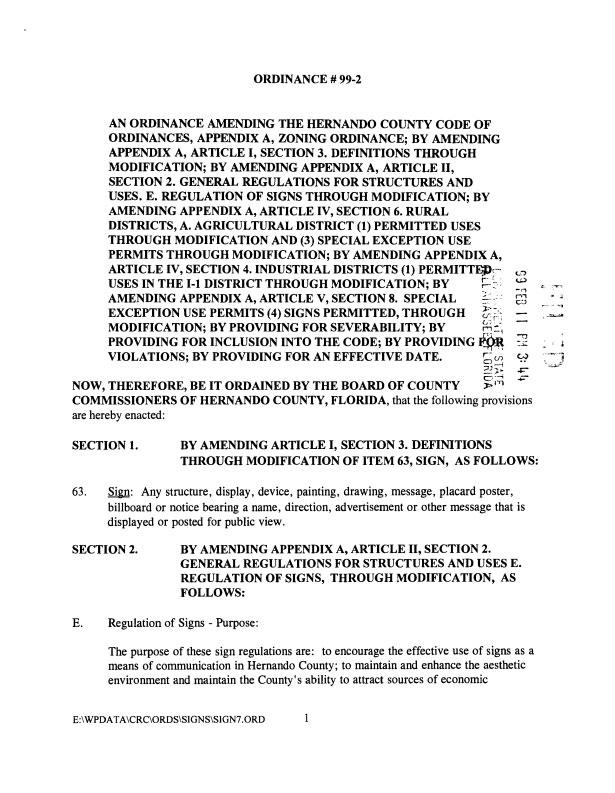 ORDINANCE # 99-2 AN ORDINANCE AMENDING THE HERNANDO COUNTY CODE OF ORDINANCES, APPENDIX A, ZONING ORDINANCE; BY AMENDING APPENDIX A, ARTICLE I, SECTION 3.