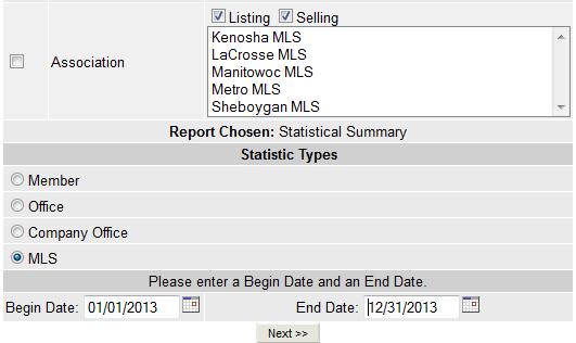 This report can be run for Company/Office/Agent and the entire MLS. To run the report, click on Statistics in the main menu tree and click on Statistical Reports.