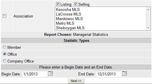 Managerial Statistics The Managerial Statistics Report allows you to generate reports about Current and Sold Listings in a date range.