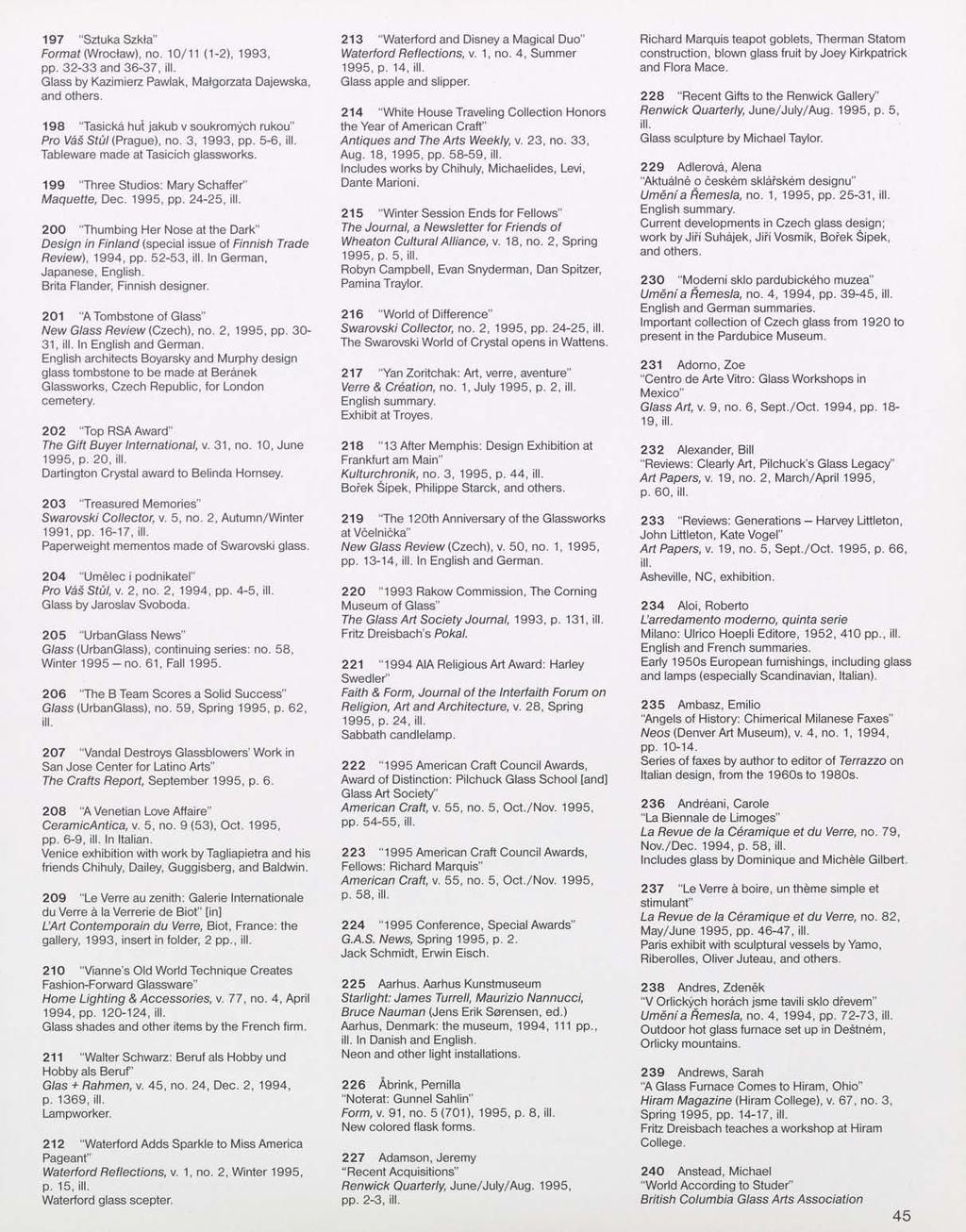197 "Sztuka Szkla" Format (Wroclaw), no. 10/11 (1-2), 1993, pp. 32-33 and 36-37, Glass by Kazimierz Pawlak, Matgorzata Dajewska, and others.