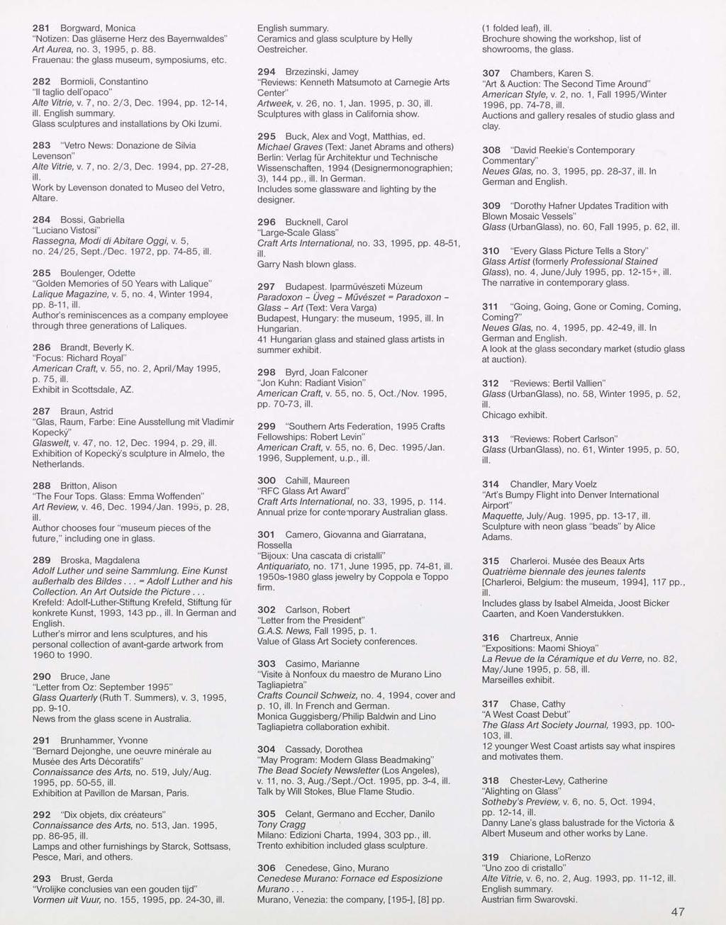 281 Borgward, Monica "Notizen: Das glaserne Herz des Bayernwaldes" ArtAurea, no. 3, 1995, p. 88. Frauenau: the glass museum, symposiums, etc.