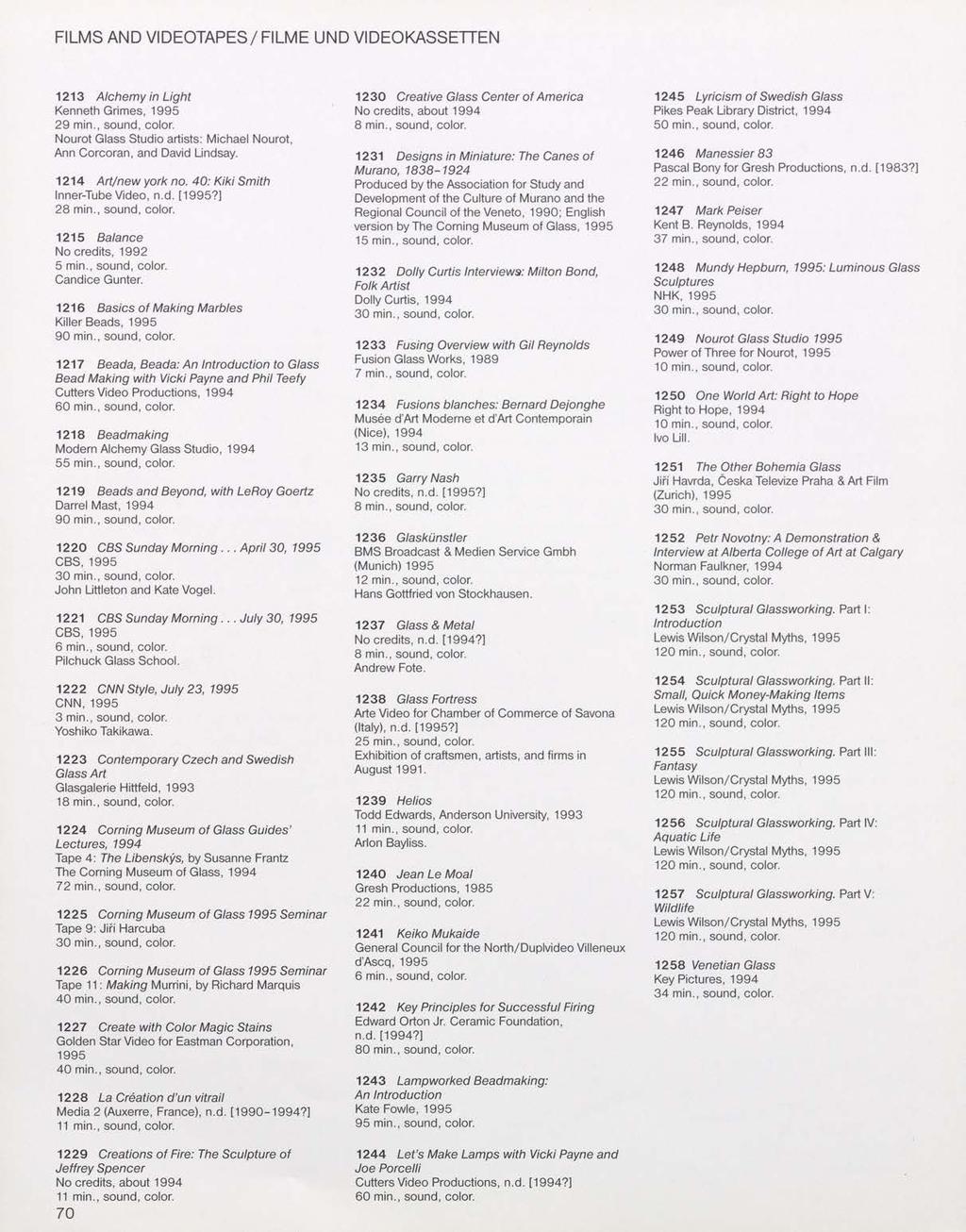 FILMS AND VIDEOTAPES/ FILME UND VIDEOKASSETTEN 1213 Alchemy in Light Kenneth Grimes, 1995 29 min., sound, color. Nourot Glass Studio artists: Michael Nourot, Ann Corcoran, and David Lindsay.