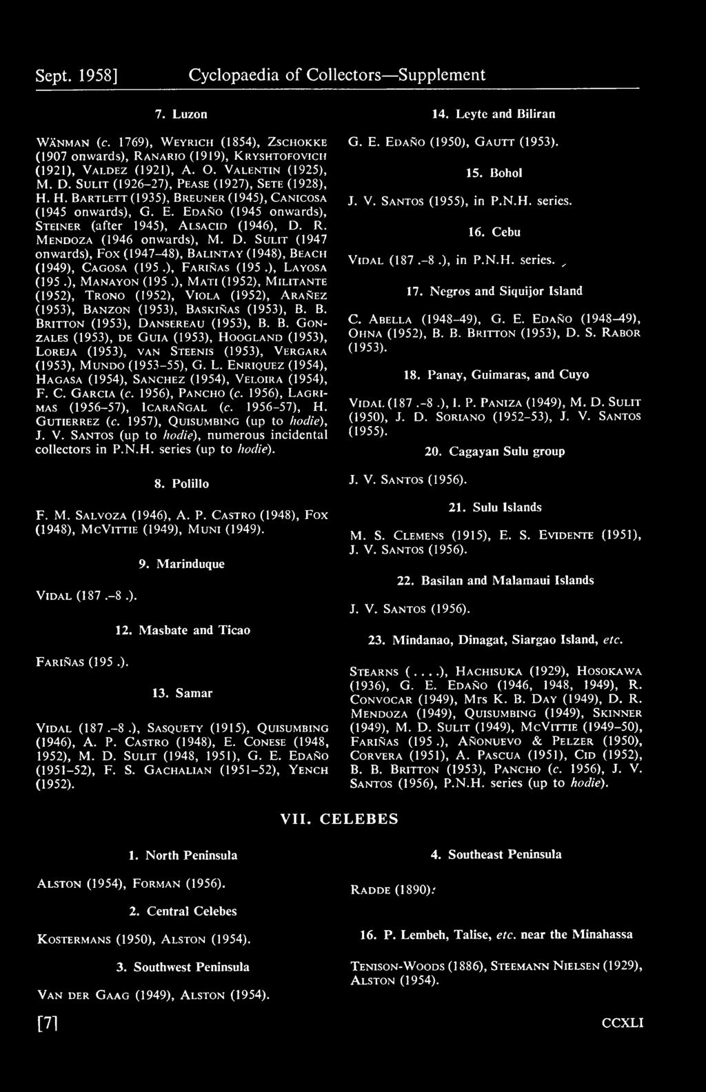 Mendoza (1946 onwards), M. D. Sulit (1947 onwards). Fox (1947-48), Balintay (1948), Beach (1949), Cagosa (195.), Farinas (195.), Layosa (195.), Manayon (195.