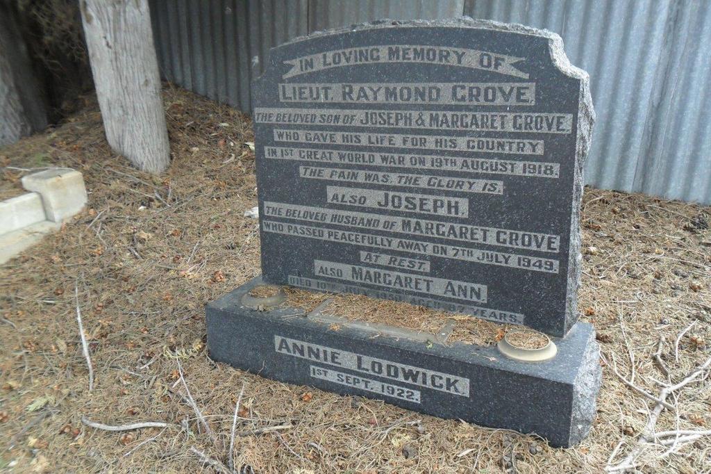 Grove Family Headstone in Mitcham General Cemetery, South Australia (Photo courtesy of Kym Deadsearch) In Loving Memory Of LIEUT.
