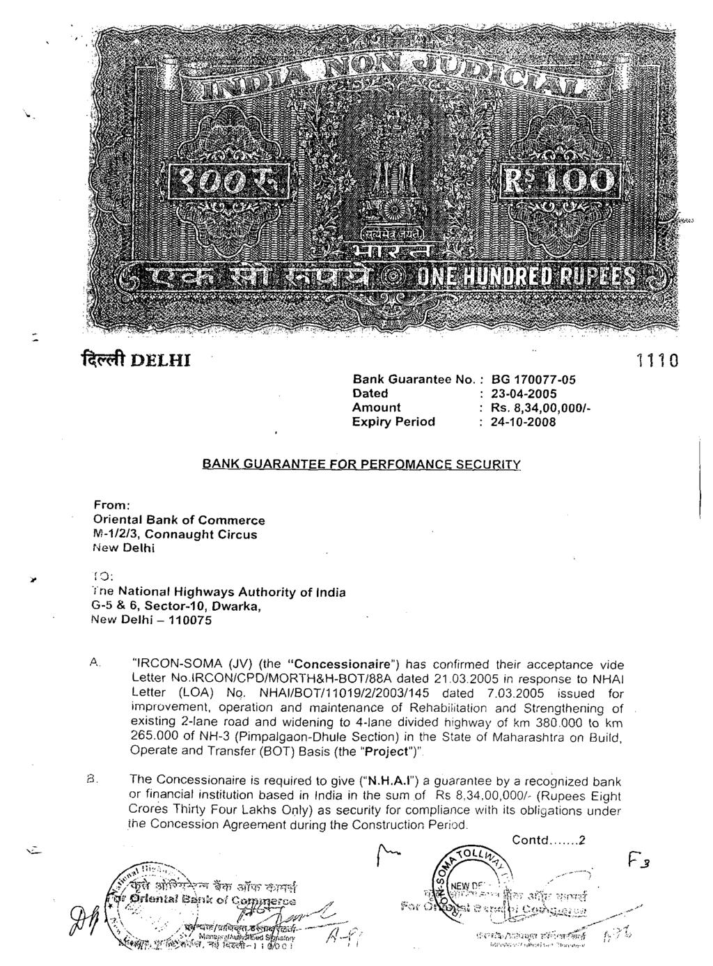 Bank Guarantee No. : BG 170077-05 Dated : 23-04-2005 Amount : Rs.