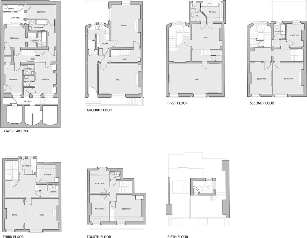 EXISTING FLOOR PLANS FLAT 1: Lower Ground: 4 Bedroom Suites, Lightwell and Utility Ground Floor: Entrance Hall, Living, Dining and Kitchen Total NIA: 1,825 sq. ft.