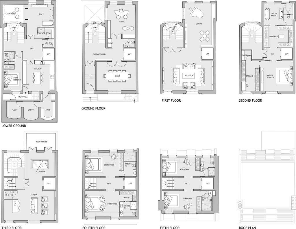 PROPOSED FLOOR PLANS HOUSE SCHEME (SUBJECT TO PLANNING CONSENT) LOWER GROUND FLOOR: Kitchen, Gym, Steam Room, Shower Room, Cloak Room, Staff Bedroom Suite, Store Room, Plant Room, Utility Room,
