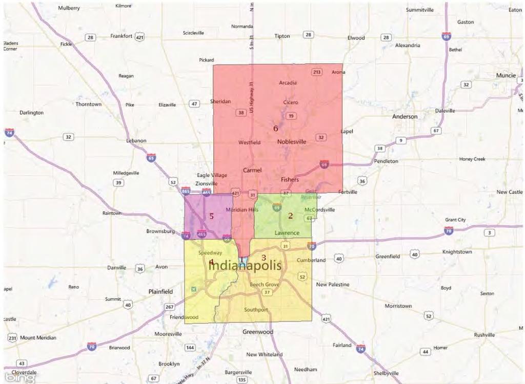 Indianapolis North Carmel (Noblesville) The Indianapolis North Carmel Subarea for office uses, identified as number six on the following map, includes all of Hamilton County as well as the Meridian