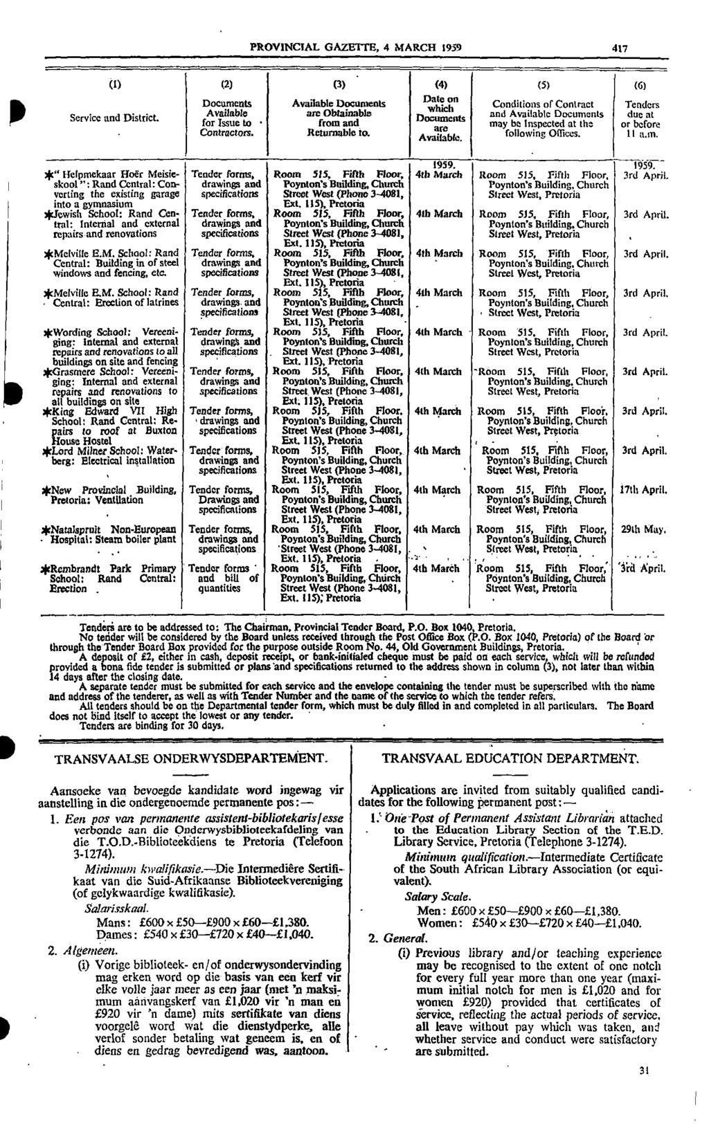 1 PROVINCIAL GAZETTE 4 MARCH 1959 417 P (1) (2) (3) (4) (5) (6) service and District Documents Available Documents Available am Obtainable for Issue to from and Contractors Returnable to Date on