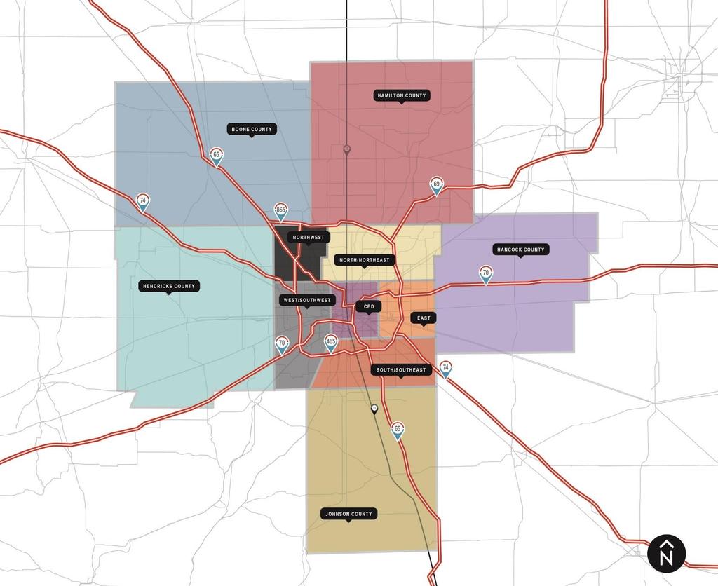 The industrial market is comprised of the following submarkets: Boone County, Hamilton County, Hancock County, Hendricks County, Johnson County and Marion County (CBD, East, North/Northeast,