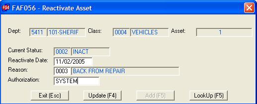 allows you to change the status of an inactive asset to active Enter the