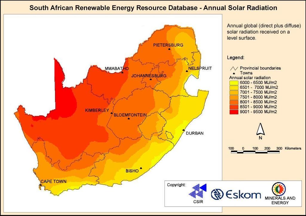Figuur 1: Jaarlikse inkomende kort-golf bestraling vir Suid-Afrika Tabel 1: Internasionale Sonkragpotensiaal relevant tot Suid-Afrika Location Site Latitude Annual DNI (kwh/m2) Relative Solar