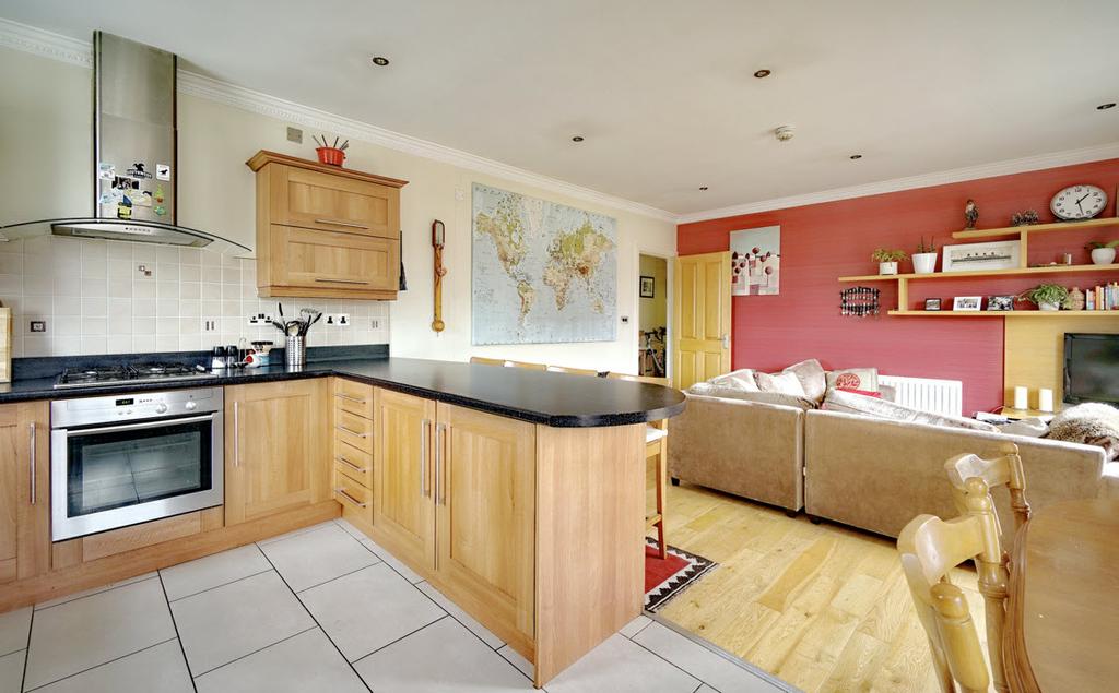 OPEN PLAN KITCHEN / DINING / LIVING: 22' 12" x 15' 5" (7.0m x 4.7m) Modern fully fitted kitchen with excellent range of high and low level units, breakfast peninsula, 1.