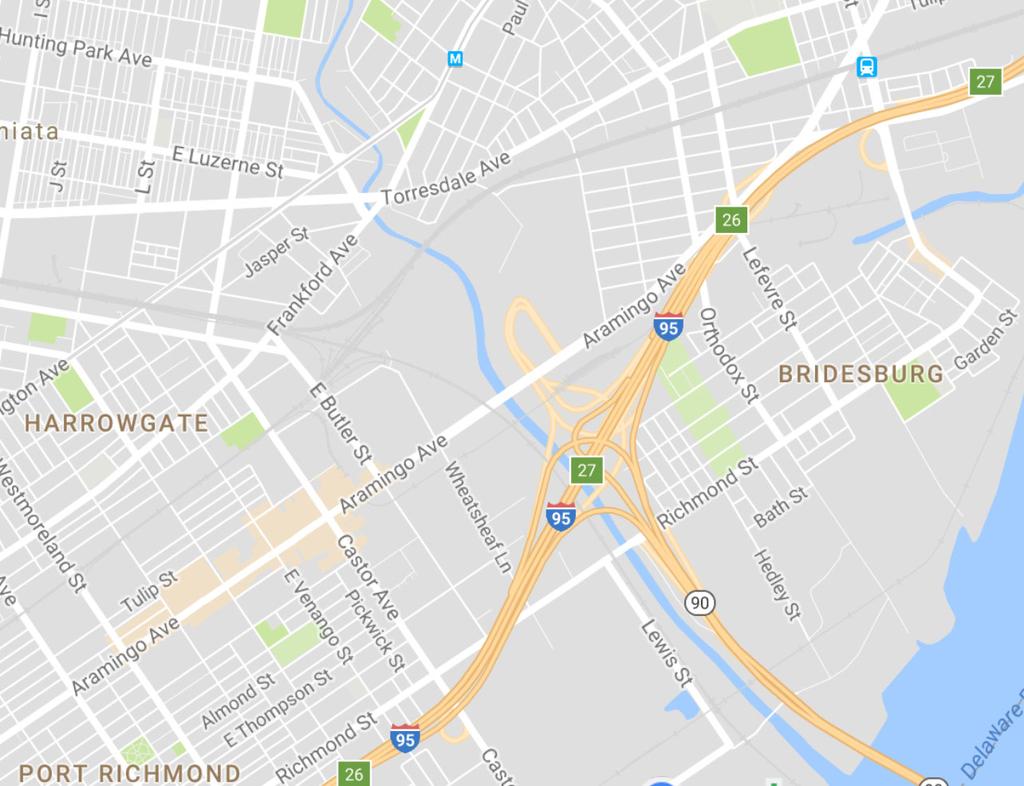 - LOCATION MAP- Bridesburg section of the City is located along the eastern side of the I-95 corridor, near the Aramingo Ave interchange.