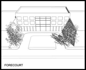 The building is set back from the property line using an elevated terrace or a sunken light court that is suitable for outdoor cafes. (e) Forecourt.