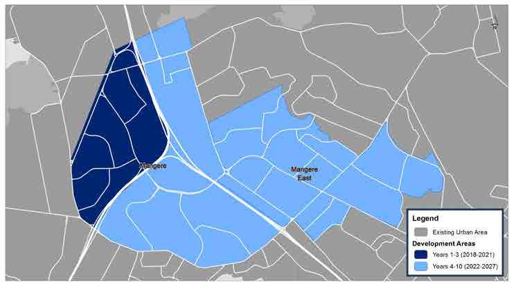 Auckland Plan 2050 June 2018 Development Area Māngere and Māngere East Māngere has large areas zoned for Terraced Housing and Apartment Building (THAB) or Mixed Housing Urban.