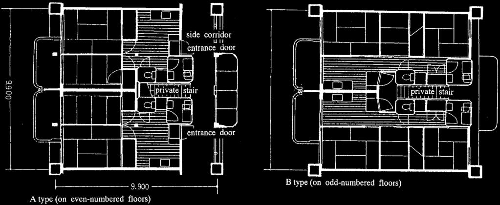 This apartment adopted the so-called skip- #oor style (only even-numbered #oors have a common corridor to the stairs hall of each block; so people on odd-numbered #oors have to use the private stairs