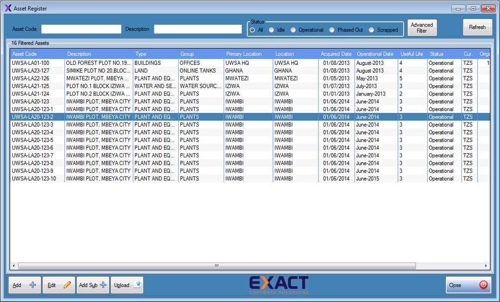 This screen provides a summary of all the assets that have been registered in the Exact Asset Register.