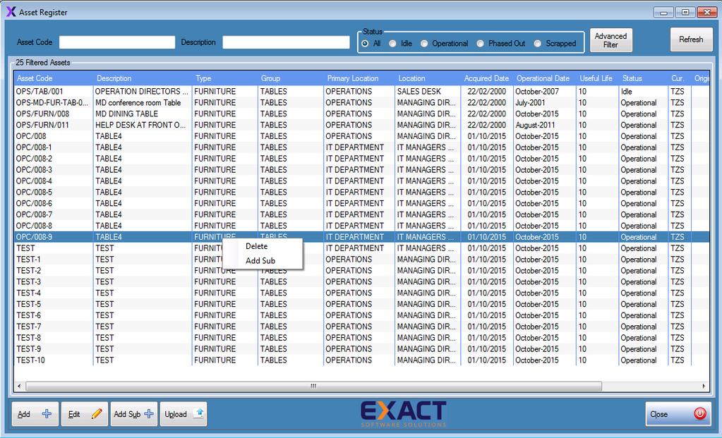 Deleting Assets Sometimes after entering assets in the Asset Register software, it might be necessary to delete an asset from the list.