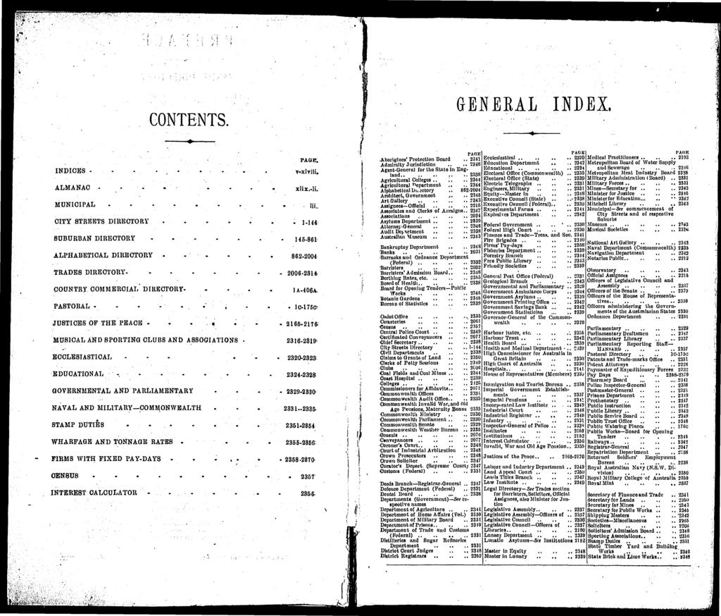 GENERAL INDEX. CITY STREETS DIRECTORY SUBURBAN DIRECTORY - - ALPHABETICAL DIRECTORY TRADES DIRECTORY. - COUNTRY COMMERCIAL.