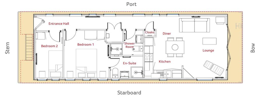 The Moorings at Windsor Riverside Houseboat 2 Bed, Ensuite 42 x 15 Lounge/Kitchen/Diner - 14 2 x 17 8 (4.3m x 5.4m) Bedroom 1 10 10 x 9 9 (3.3m x 3.0m) En suite 5 0 x 7 1 (1.5m x 2.