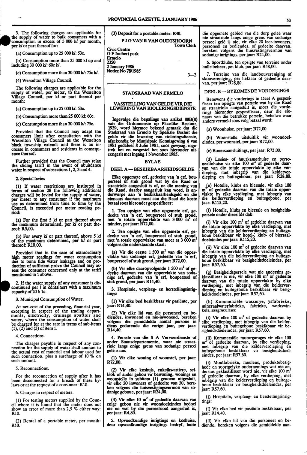 1 i i. PROVINCIAL GAZETTE, 2 JANUARY 1986 53 le 3. The following charges are applicable for (3) Deposit for a portable meter: R40.