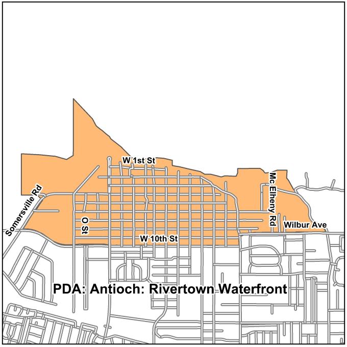 D-4 Contra Costa PDA Investment and Growth Strategy Update Antioch Rivertown Waterfront Transit Town Center OVERVIEW The Rivertown Waterfront PDA is a 474 area encompassing Antioch s historical