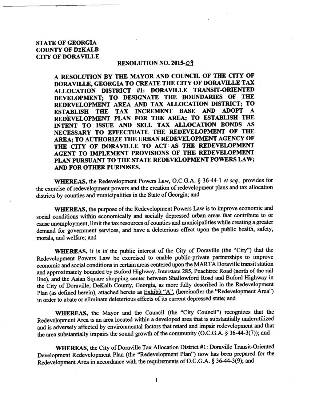 STATE OF GEORGIA COUNTY OF DEKALB CITY OF DORAVILLE RESOLUTION NO.