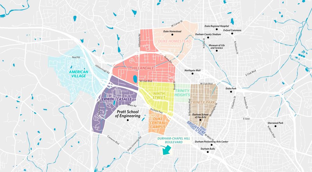 NEIGHBORHOODS EXPLINED n overview of the most popular neighborhoods for your Pratt Master's students 1 Erwin-LaSalle 2 Durham Chapel Hill Blvd Other Neighborhoods 76% of Pratt Master's students 8% of