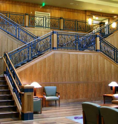 (the main lobby of RiverBend hospital and the stair case located behind the fireplace) Once at the top of the stairs, continue straight down the hall toward the double doors (located near the