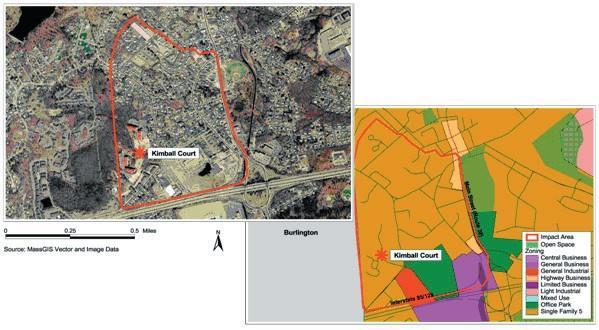 Figure 4. Aerial Photograph and Zoning Map: Kimball Court, Woburn neighborhood.