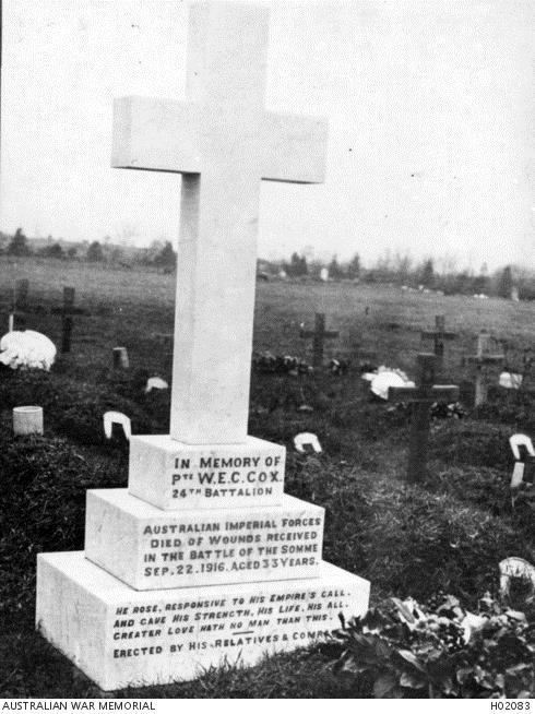 A photo of Private Walter Charles Ebden Cox s Private Headstone. (Note: the headstone has the initial s engraved incorrectly as W.E.C. Cox ) In Memory Of Pte W. E. C. COX 24TH Battalion Australian Imperial Forces Died Of Wounds Received In The Battle Of The Somme Sep.