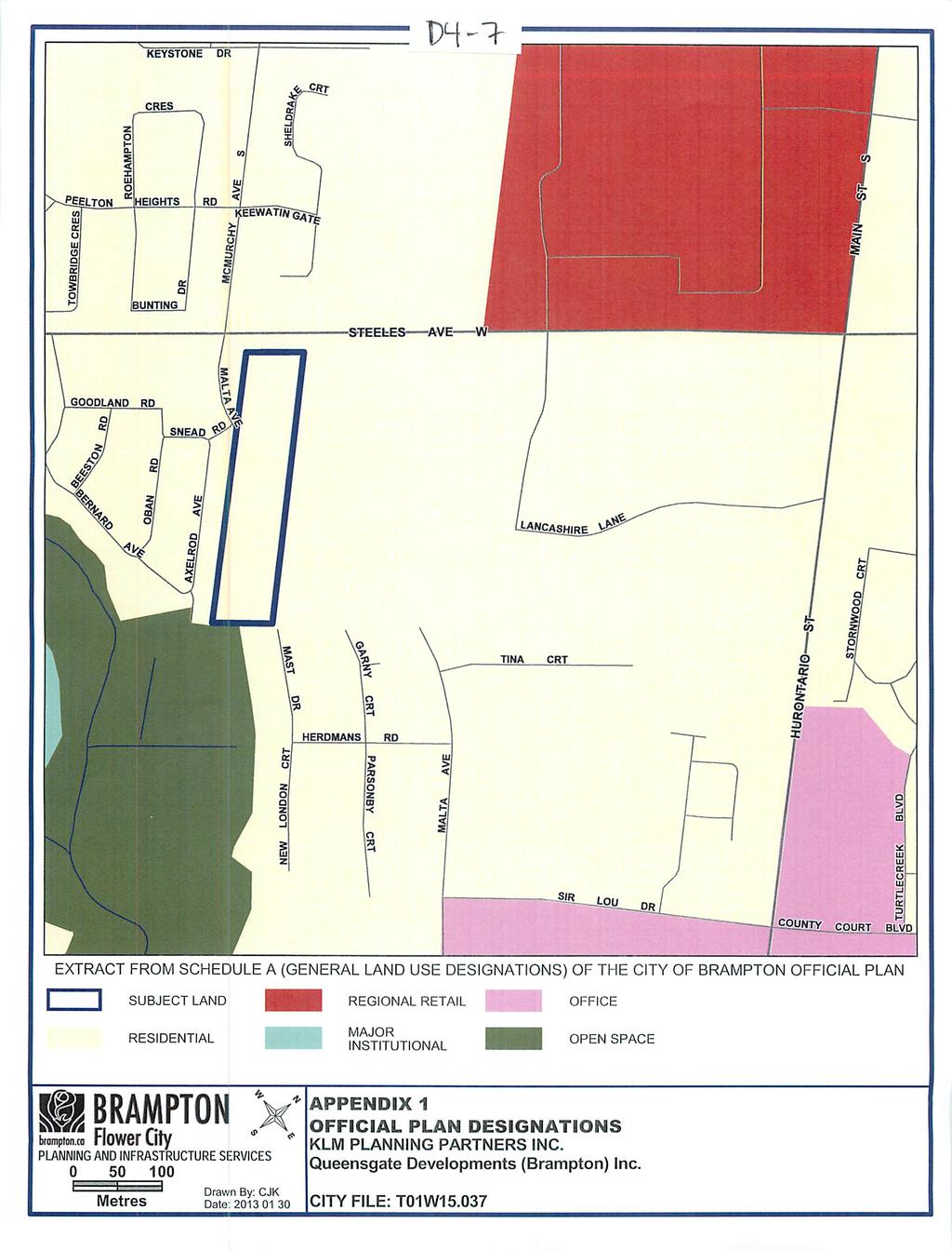 P4-> EXTRACT FROM SCHEDULE A (GENERAL LAND USE DESIGNATIONS) OF THE CITY OF BRAMPTON OFFICIAL PLAN I SUBJECT LAND REGIONAL RETAIL OFFICE RESIDENTIAL MAJOR INSTITUTIONAL OPEN SPACE H BRAMPTON APPENDIX