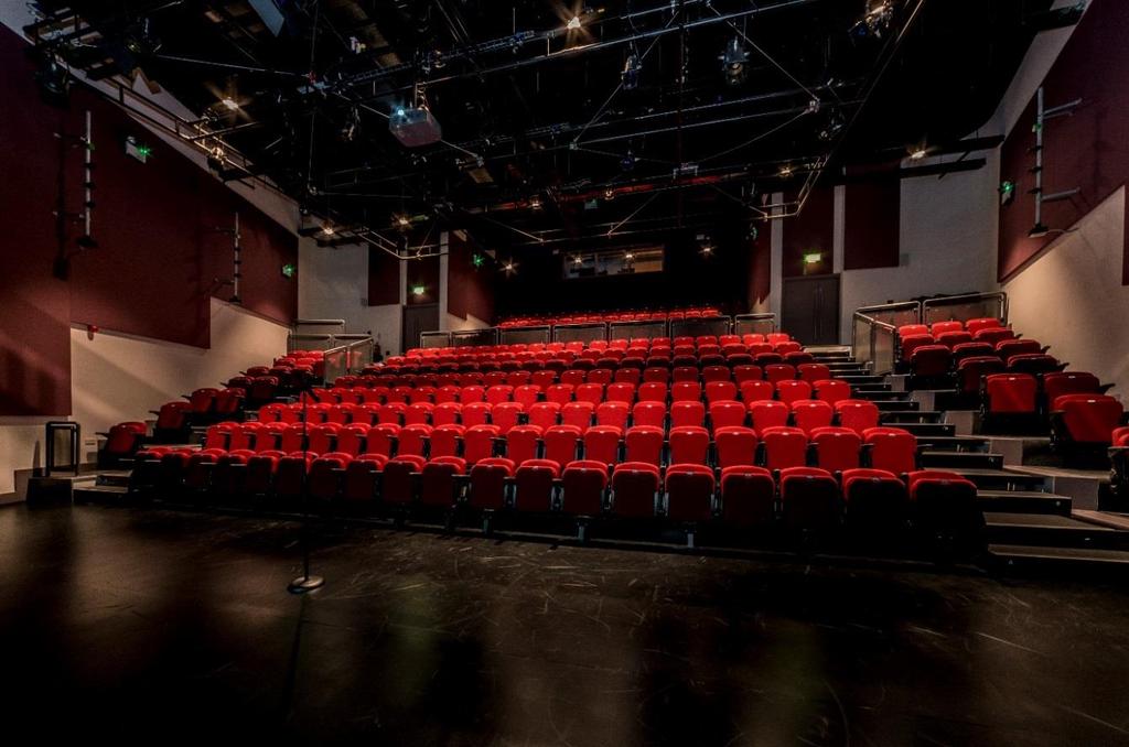 Spaces Available Theatre: The auditorium has a maximum capacity of 300 and can be used as a performance space for drama, dance