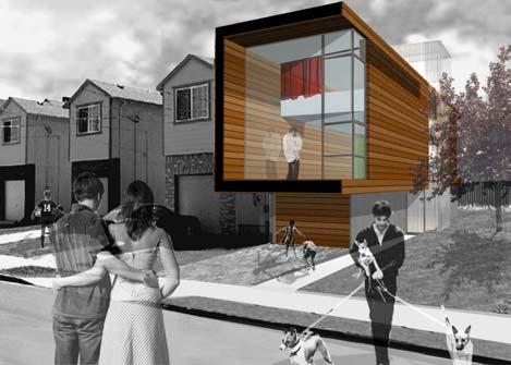 The design was intended to minimize separation (at least visual) between living quarters and the streetscape encouraging pedestrian friendly streets by minimizing the impact and barrier that a garage